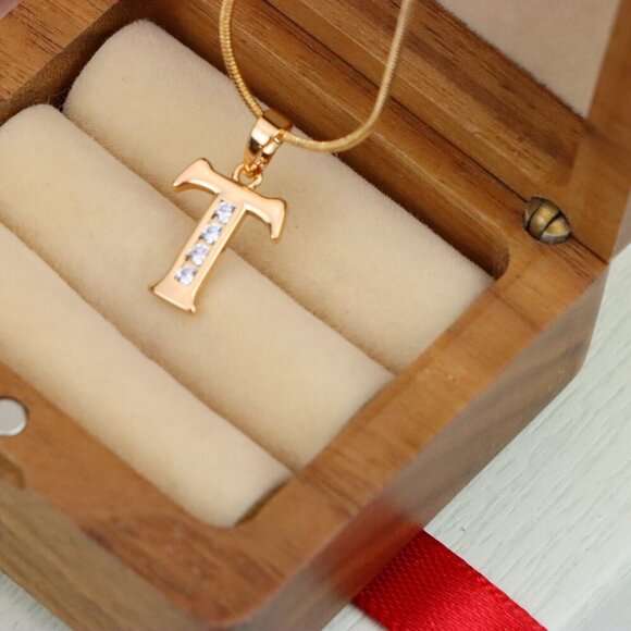 "Rose Gold Initial T Pendant with Crystals – Elegant Brass Jewelry, XPPT1369 - Picture 5 of 13